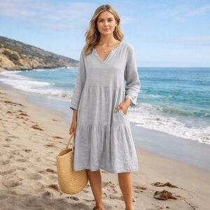 Francesca Bettini Italy Linen Gray/Lavender  Oversized Dress Sz S Beach Flowing